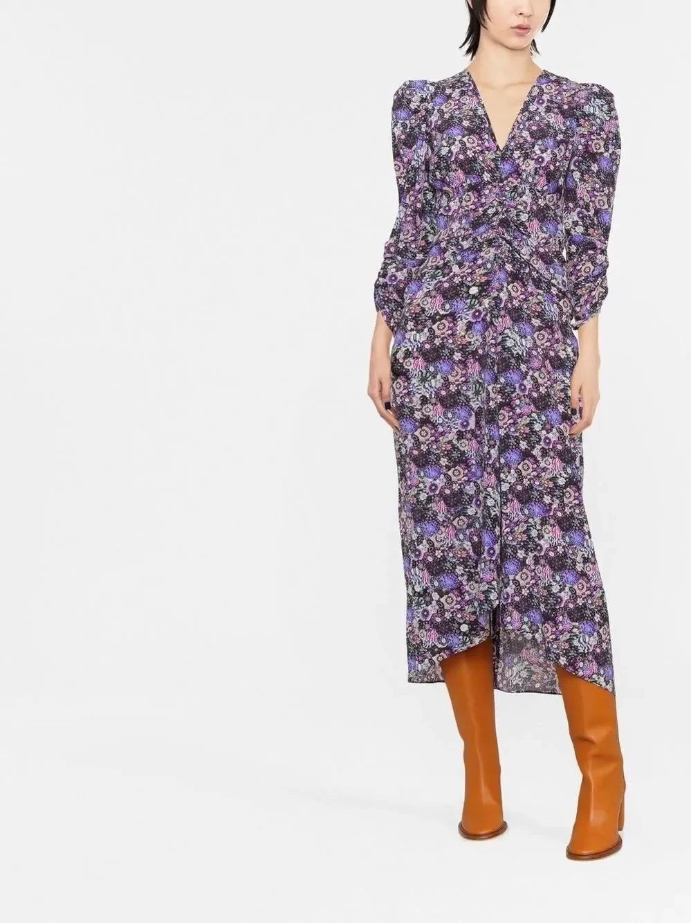 TU Isabel Marant Albini Floral Silk Midi Dress in Purple Black Size 36